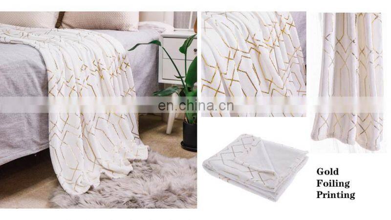 Luxury Soft Hot Gold Stamping Foil Printing Geometric Pattern Flannel Fleece Throw Blanket