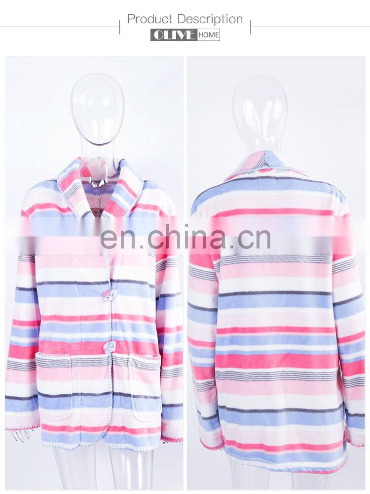 Spring Personalized Super Soft Duplex Printing Striped Coral Fleece Bathrobe With Horn Button