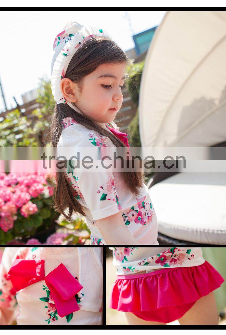 beautiful flower printed children bath suits fancy swimwear with cap wholesale