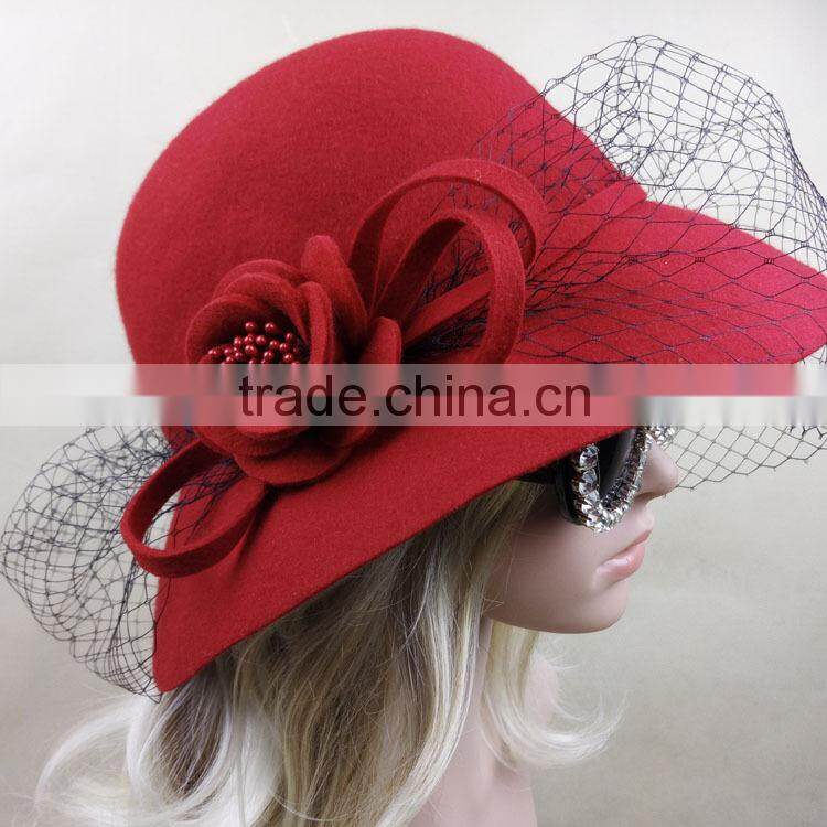 Hot Sale Women's Wide Brim Wool Felt Hats With Veil Fascinator