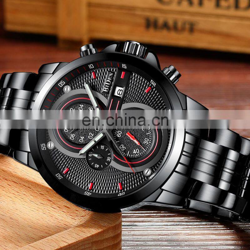 BIDEN 0085 Men Quartz Movement Casual Stainless Steel Band Watches Auto Date Automatic Chronograph Watch