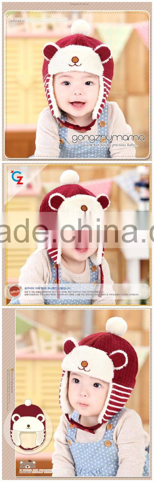 Autumn Winter Newest Checked Striped Bear Style Baby Kids Pom Poms Earflap Winter Wool Hat