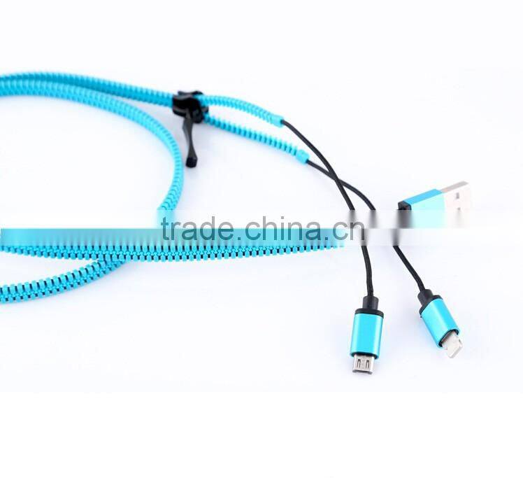 2016 hot 2 in1 Zipper USB Data Charging Cable for iPhone,for Samsung ,for android