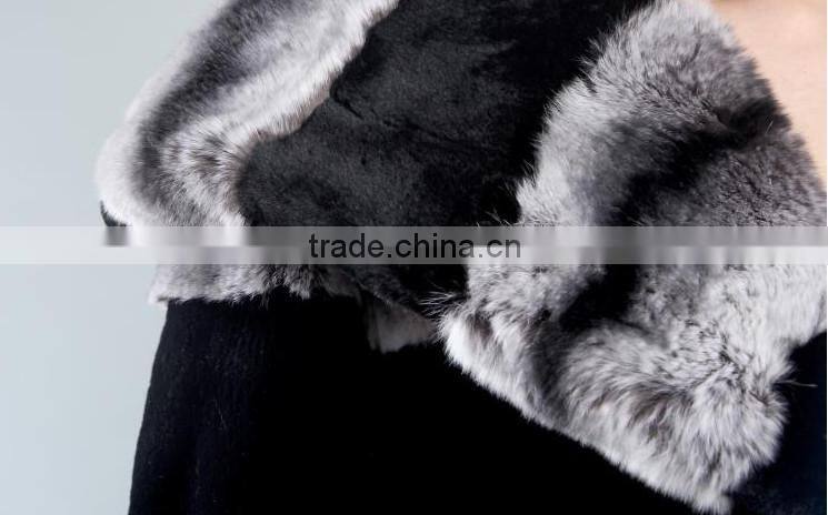 rex14076 new design fashionable chinchilla rex rabbit fur coat