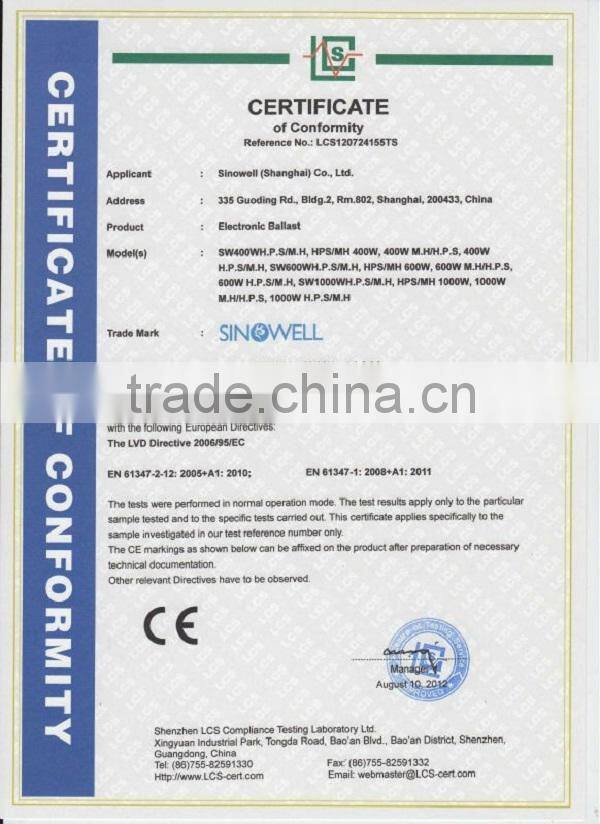 Double ended lamp metal halide ballast 600w