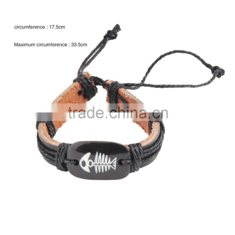Genuine Leather Bracelet with Fish Bone Painted Leather Accessory.