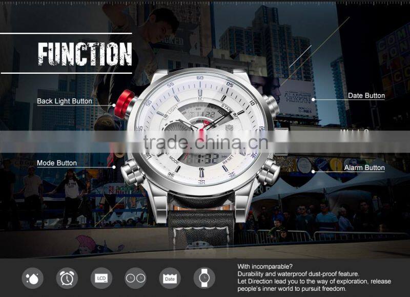 2016 best selling products Weide WH3401 quartz analog digital watches with genuine leather watches men