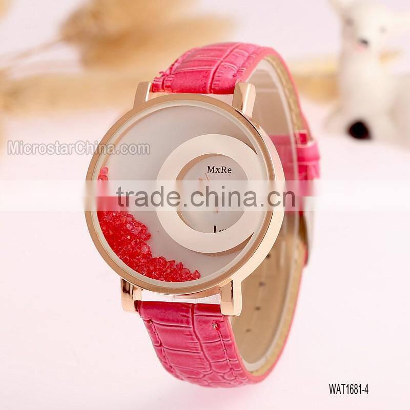 Elegant Women Quicksand Faux Leather Band Bracelet Round Dial Analog Wrist Watch