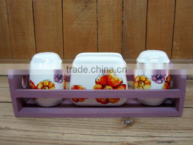 Elegant Flower Decal Ceramic Cake /Fruit Serving Plate with Wooden Stand for Party