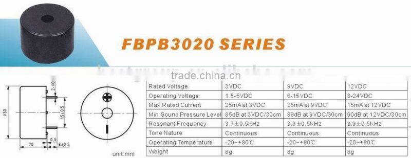 Cheaper 5V 90DB 30mm top hole buzzer FBPB3020A