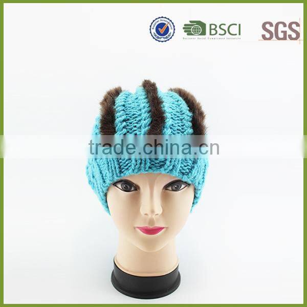 Blue Color Custom Knitted Pom Beanie Hat with Fur