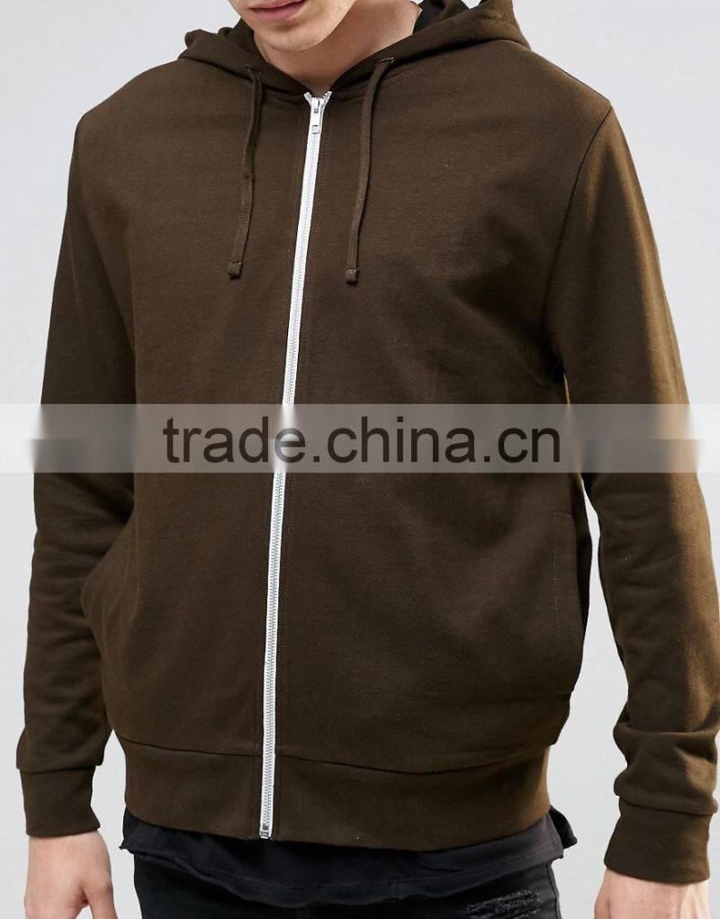 Promotion men 100% cotton high quality white zipper rib hem blank khaki hoodie