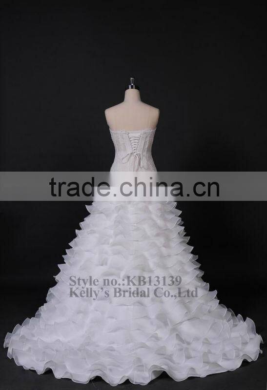 Appliqued lace with layered ruffle organza alibaba wedding dress