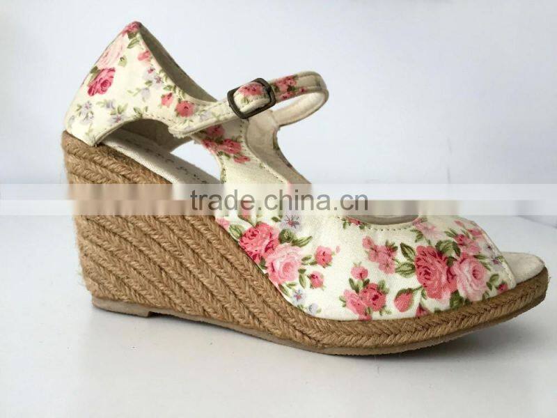 2016 new style fashion shoe floral canvas upper peep toe platform high heel lady women sandals espadrille shoes footwear