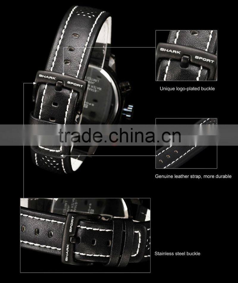 Shark 6 Hands Leather Band Steel Case Mens Quartz Army Luxury Analog Sport Wacth