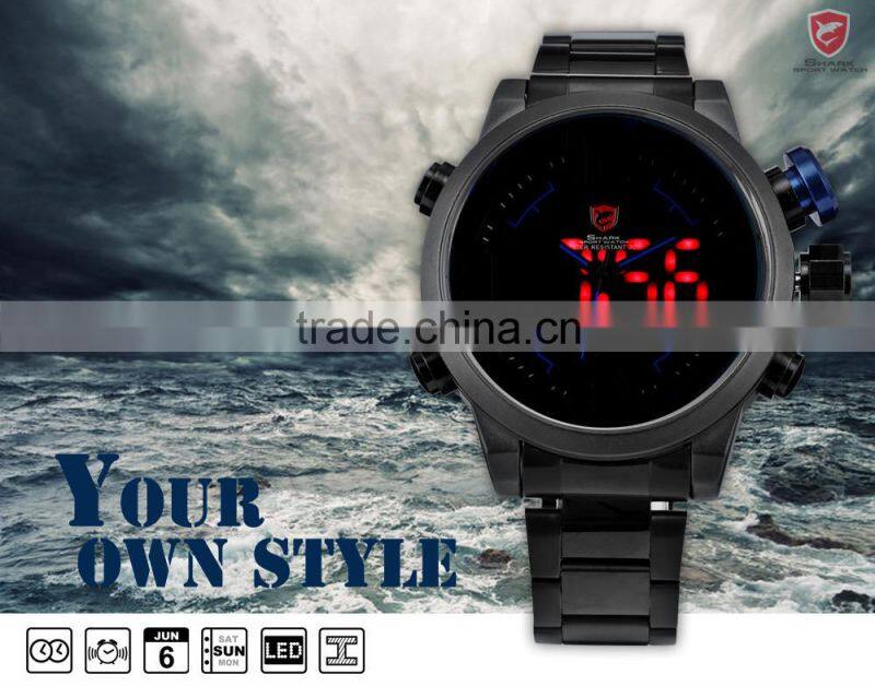 SHARK Stainless Steel Japan Movement Analog Date Alarm Quartz Wrist Mens Sport Digital Watch