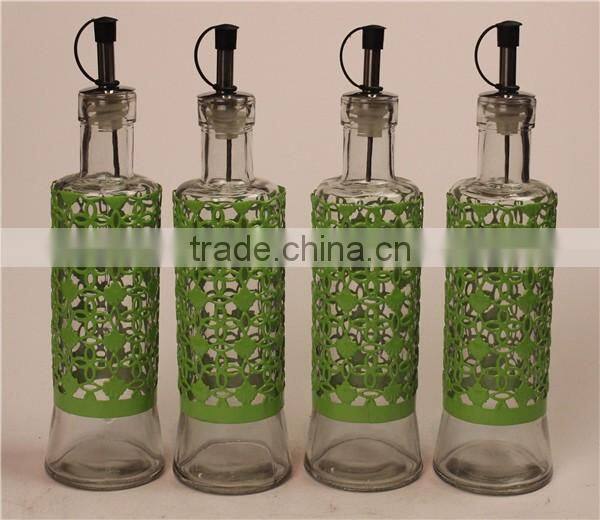 glass oil olive vinegar jar bottle set with light green metal coating