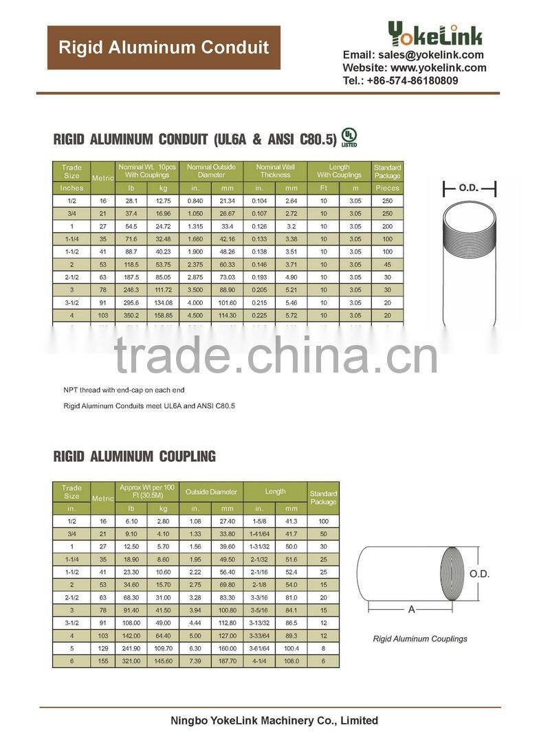 Hot sell 3/4" Tubo Conduit Rigido De Aluminio 6063 With UL6A standard