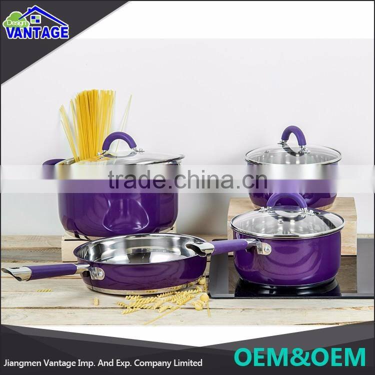 High quality stainless steel cooking pot color coating wholesale cookware with glass lid