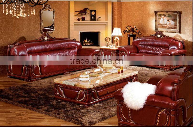 Contemporary Thai Style Living Room Sofa Set,Carved Wood Marble Top Coffee Table,Southeast Asian Leisure Genuine Leather Sofa