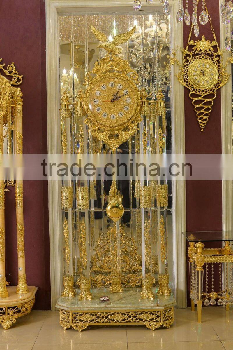 Royal Palace Italy Antique 24K Gold Plated Bronze Floor Clock, Brass Mounted Crystal and Marble Grandfather Floor Clock