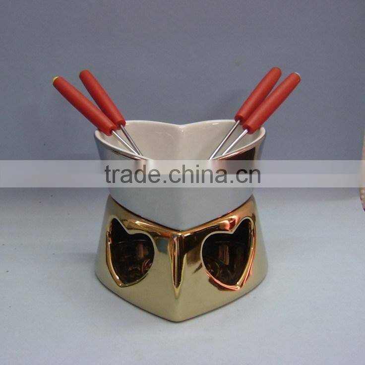heart shape luxury silver and golden ceramic fondue set