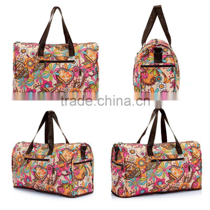Wholesale floral folding duffle bags with inner zipper pocket and reusage recycle shopping travel bags with handles
