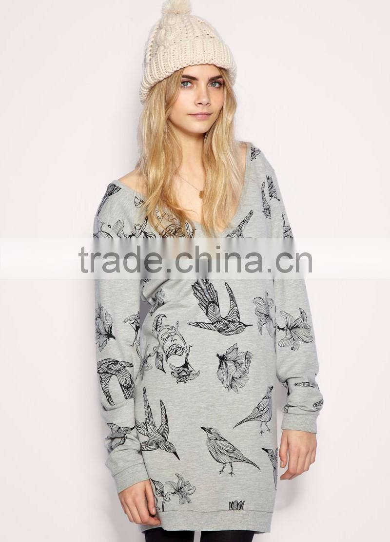 fashion longline sweatshirt V neck design ladies winter dress allover print new ladies fashion dress 2017 design