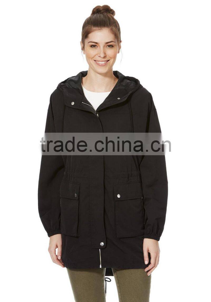 2015 OEM fashion zip through plain wind proof coat long jacket for women.