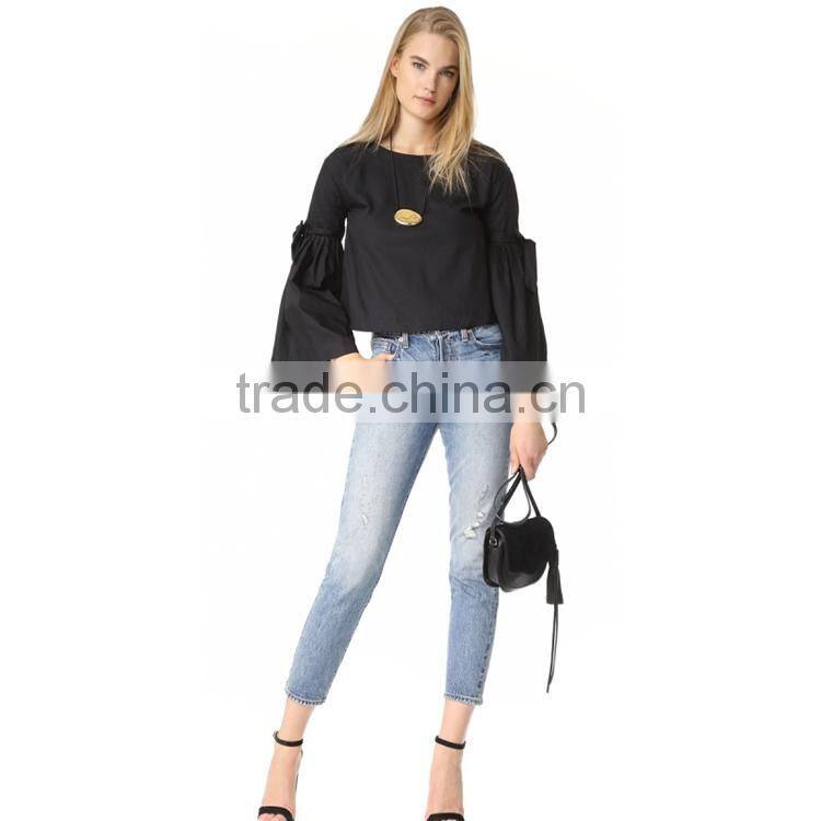 HAODUOYI Soild Black OL Women Blouse Round Neck Long Trumpet Bowknot Sleeve Silt Botton Hollow Out Back Lady Tops for Wholesale