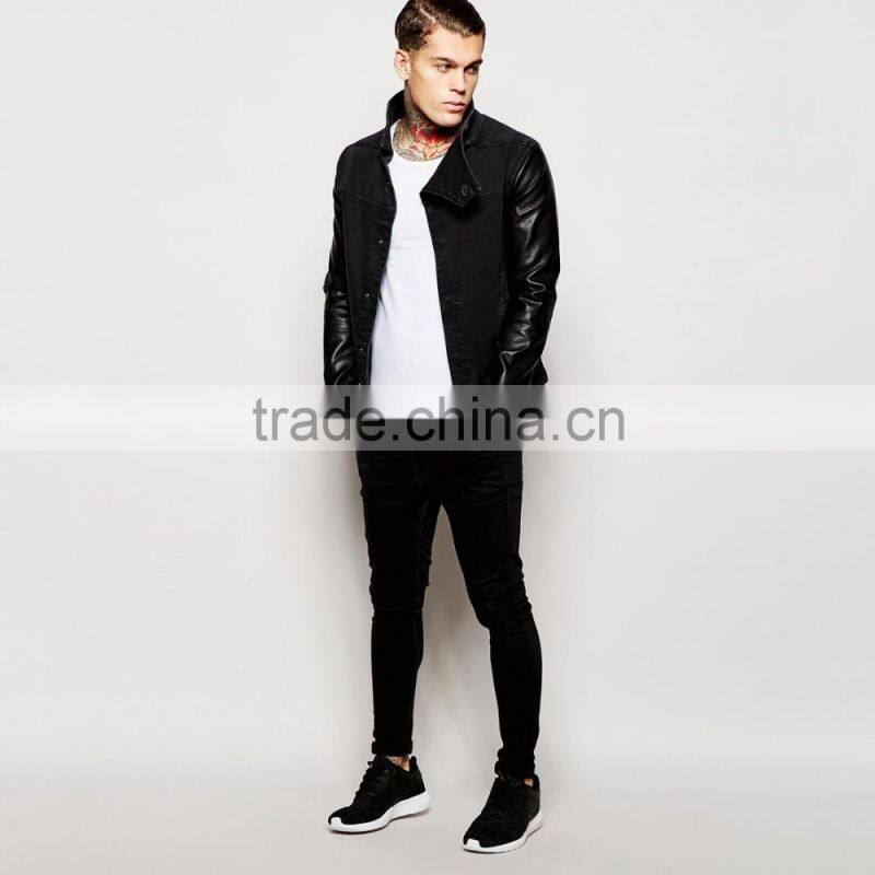 fashion denim black sleeves leather jacket with pocket custom design