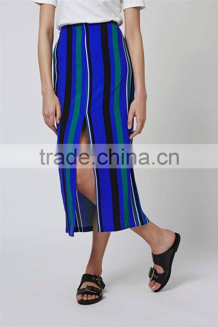 New Arrival Brand Design Stripe Split Maxi Skirt Blue Fashion Long Summer Skirts Muslim Fitting