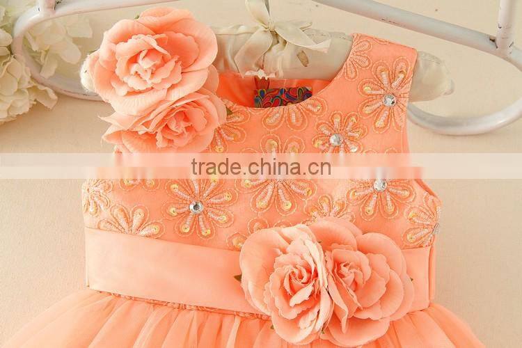 Hot Turkey wholesale children clothes summer shiny performance dance dresses Orange one piece flower party dress Vietnam dress