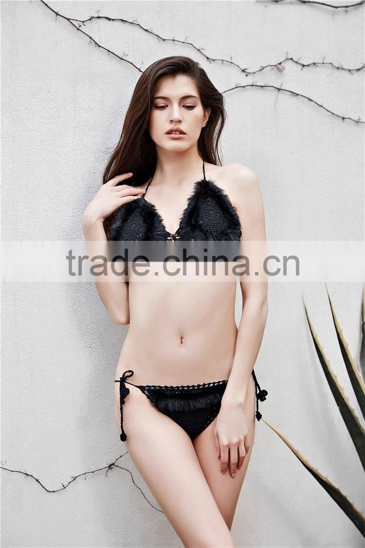 2017 fashion design faux fur decorated ladies crochet micro bikini