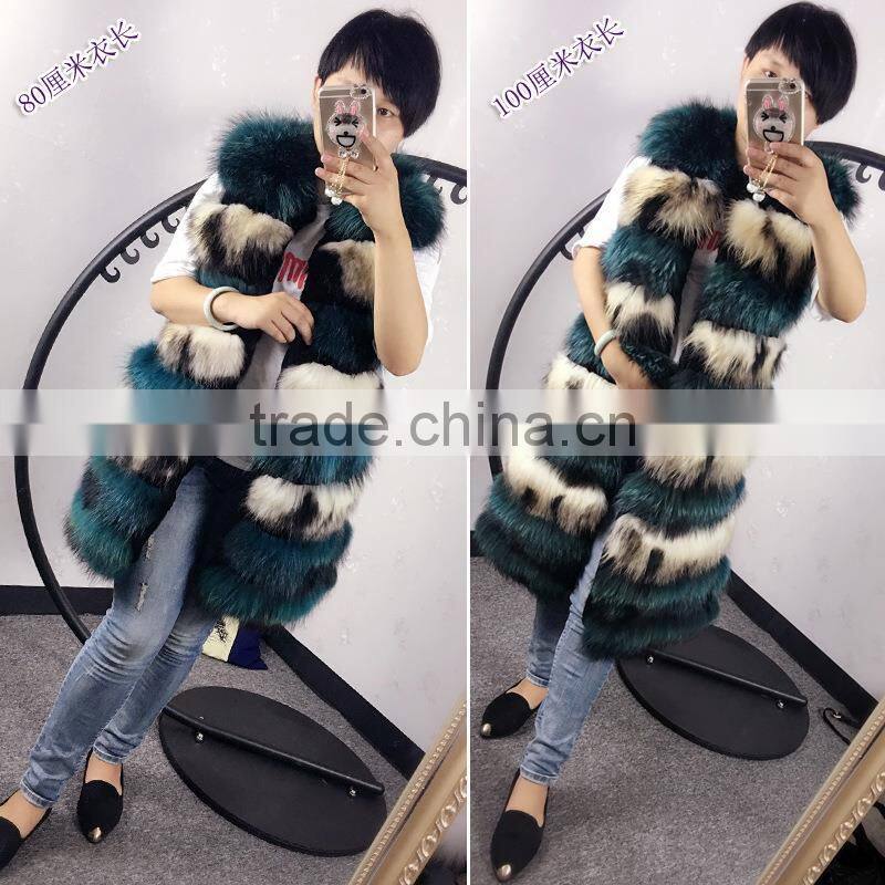 Top Luxury Real Fox Fur Vest For Women Whole Skin Winter Thick Stripe Natural mixed color Fox Fur Waistcoat Plus Size