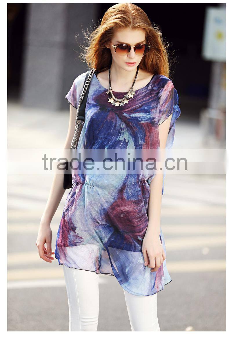 2016 Hotsale Ruffles women Short-sleeve Loose Slim Chiffon long blouse shirts tops with DIY Printing
