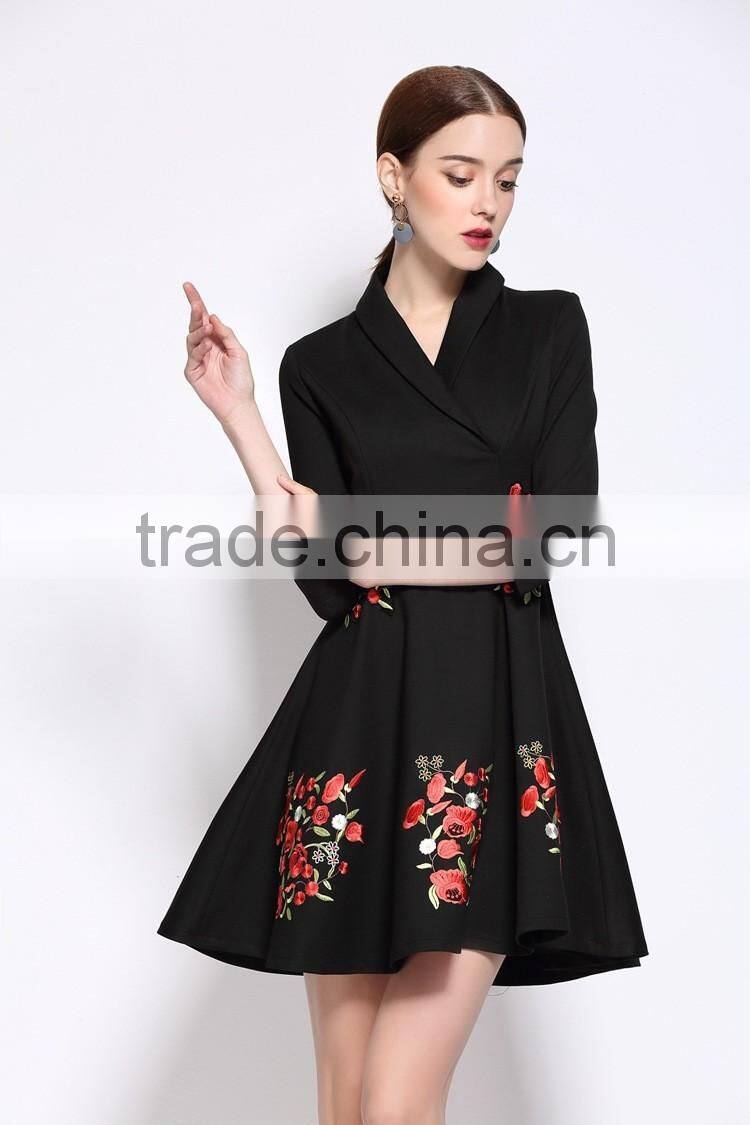 Ladies autumn/winter V neck 3/4 sleeve embroidered A-line dress
