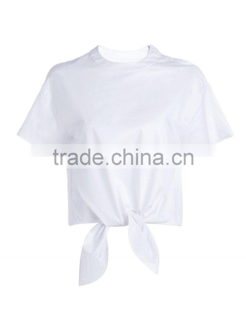 Ladies white shoulder snap button short sleeve woven t shirt with front bow