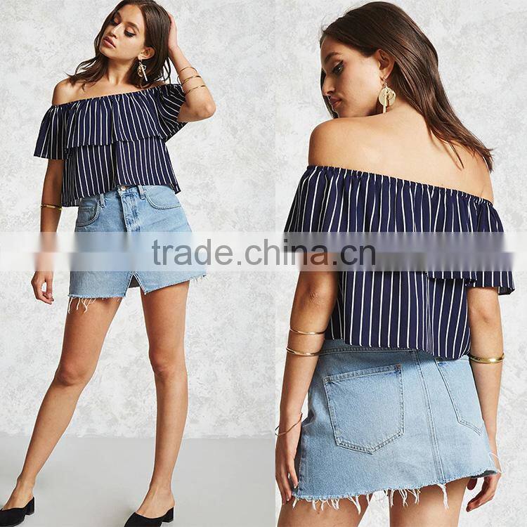 Hot sale fashion short sleeve summer casual off shoulder striped sexy women blouse