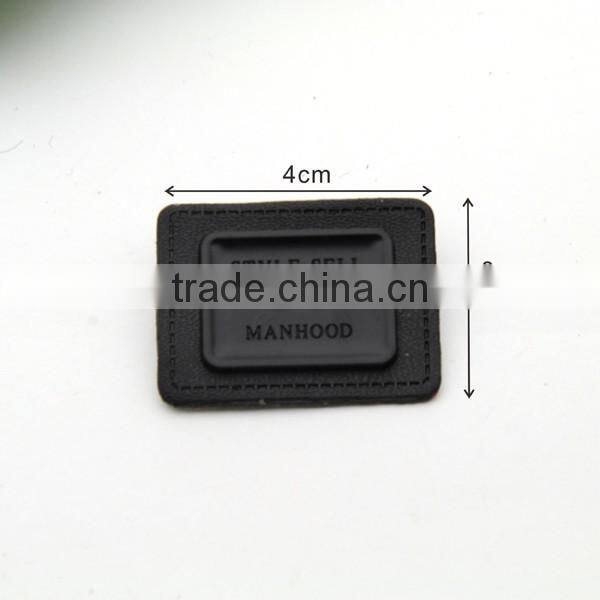 Black PU leather sew on patches labels with matt black metal plates manhood clothing label for jeans/jacket PLB-003