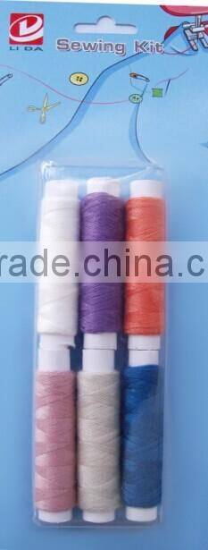 mixed color small spool sewing thread with scissors, sewing hand needles, tape measure compact with blister pack