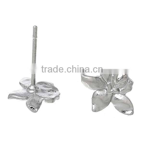 Copper Earring Findings Ear Studs Components Flower Silver Tone 14.0mm x 11.0mm