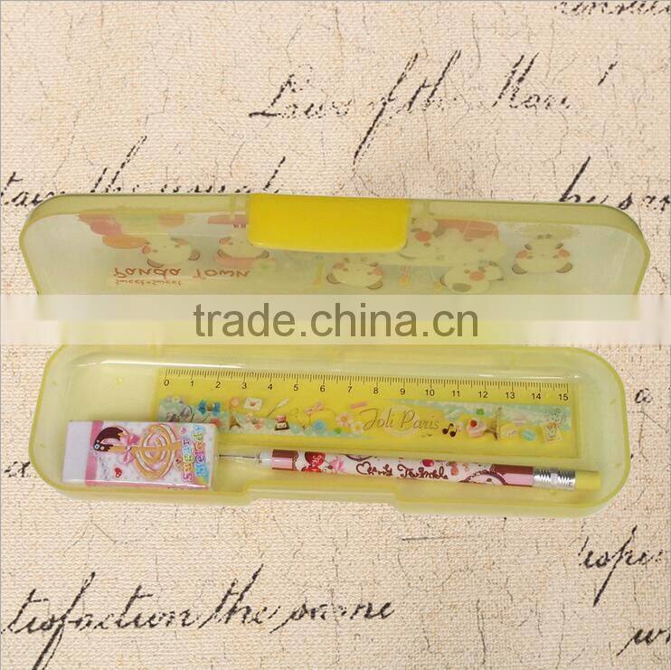 Curtom logo print transparent colorful plastic pencil case pen boxes set with pencil ruler and eraser
