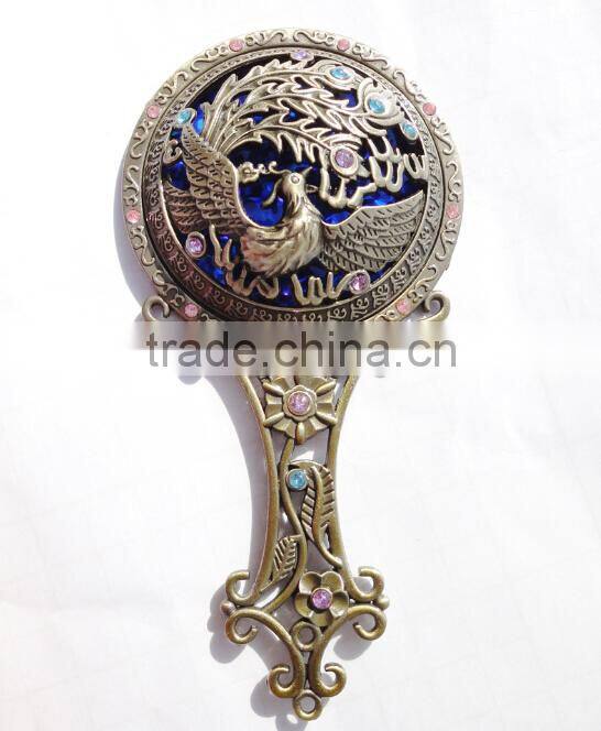 Antique Imitation Cosmetic Metal Pocket Mirror with Hair Comb,Handle Mirror/Hand Held Makeup Mirror/Round Fashion Mirror