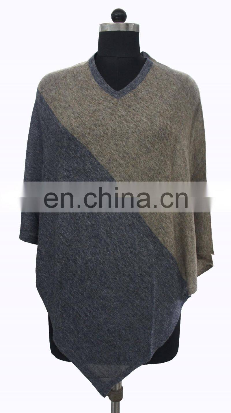 2016 wholesale Plain knitted cashmere/wool poncho for women ,Two tone poncho
