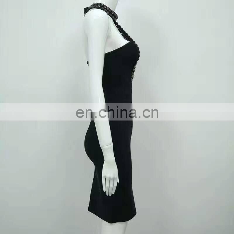 Amigo 2017 latest black halter backless beaded sexy bandagedress midi evening dresses for women party wear