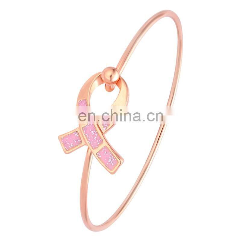 High quality wholesale rose gold plated pink ribbon enamel bangle