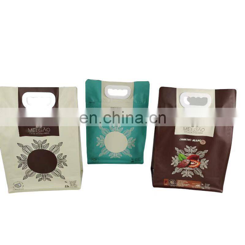 Factory Printing dry fruit nuts oatmeal 8 side gusset bag with handle customized packaging flat bottom bag with zipper