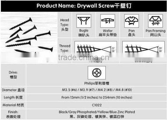 M3.5 M4.2 Phosphated Drywall Screw With Bugle Head