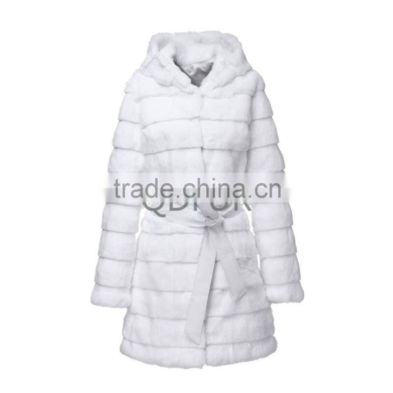 Lady Winter Long Genuine Natural Rabbit Fur Coat with Hoodied D0019